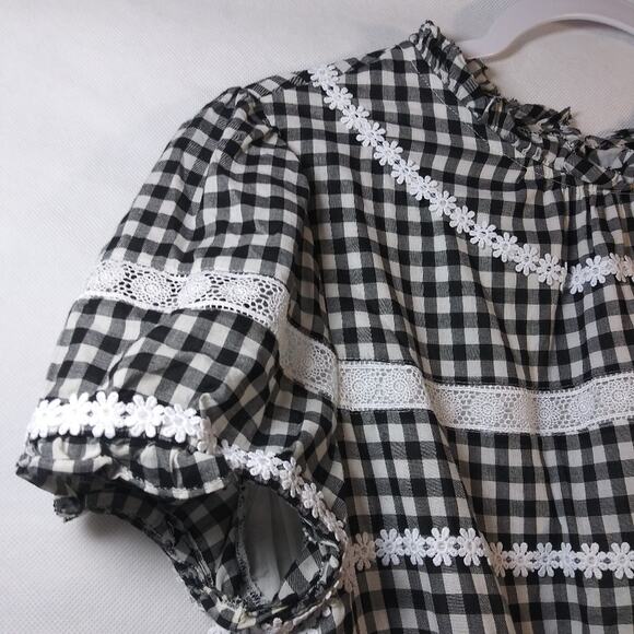 J Crew Black Gingham Daisy Chain Lace Peplum Peasant Short Sleeve Blouse Size M - Picture 4 of 11